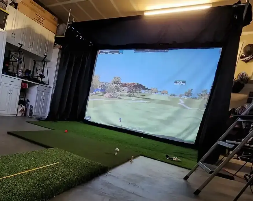 man cave with a golf simulator