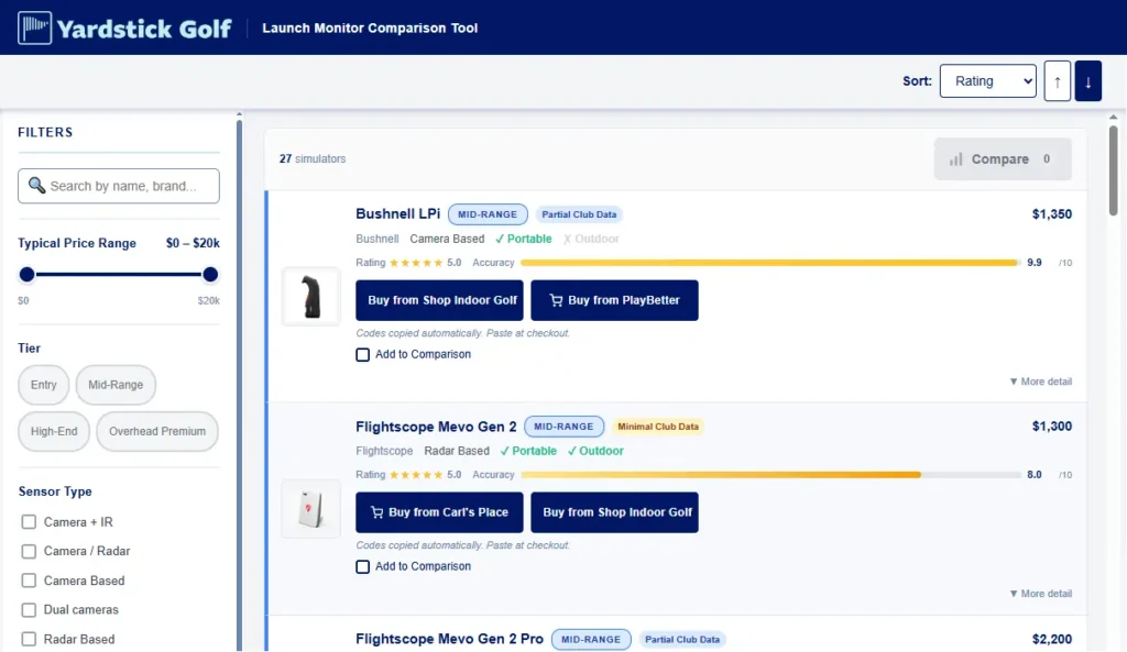 launch monitor comparison tool