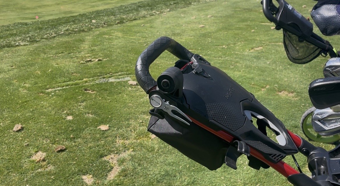 Bag Boy Nitron handle and scorecard console on the golf course