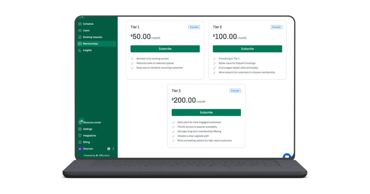 Golf simulator booking software: AllBooked membership tiers with monthly pricing